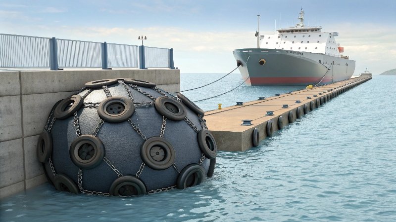 An animation or diagram showing how a fender compresses to absorb energy from a berthing ship