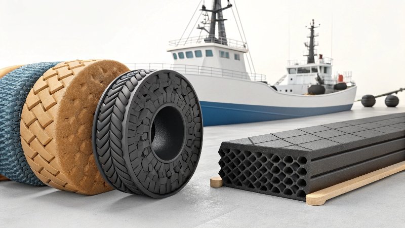 A large container ship berthing against a dock equipped with large black [rubber fender](https://www.shibata-fender.team/en/solutions/fenders-best-practice-examples.html)<sup id=